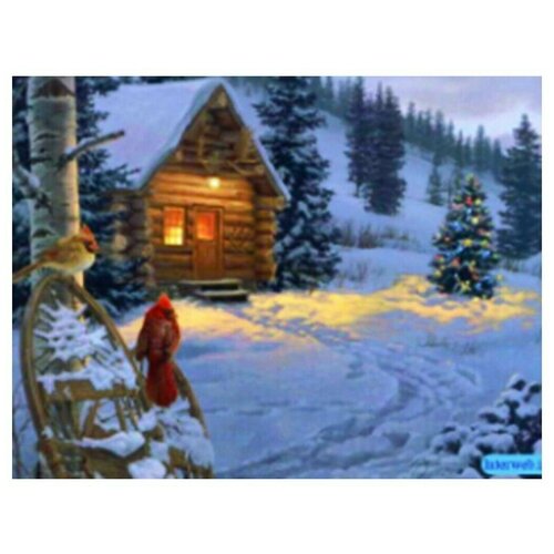 Светящаяся картина кардиналы У избушки, тёплые белые LED огни, 40х30 см, Peha Magic