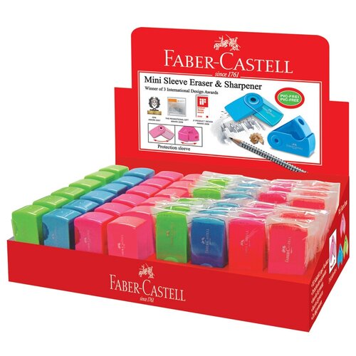 фото Точилка пластиковая faber-castell "sleeve mini", 24 шт.+ ластик "sleeve mini", 54*25*13мм, 32 шт.