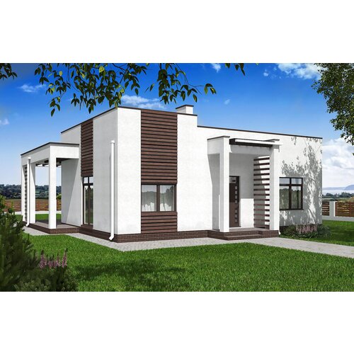 Одноэтажный дом с террасой (98 м2, 15м x 14м) Rg5772