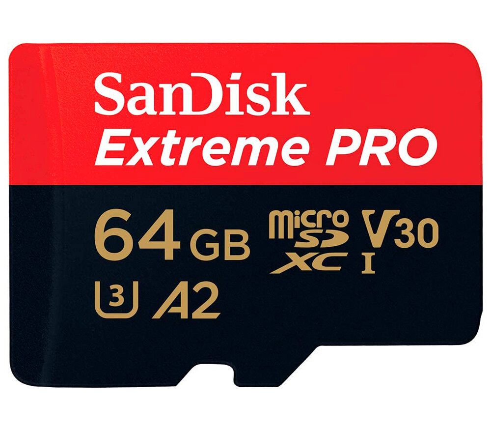 Карта памяти SanDisk MicroSDXC 64GB Extreme PRO A2 V30 UHS-I U3 200/90 МБ/с, с адаптером