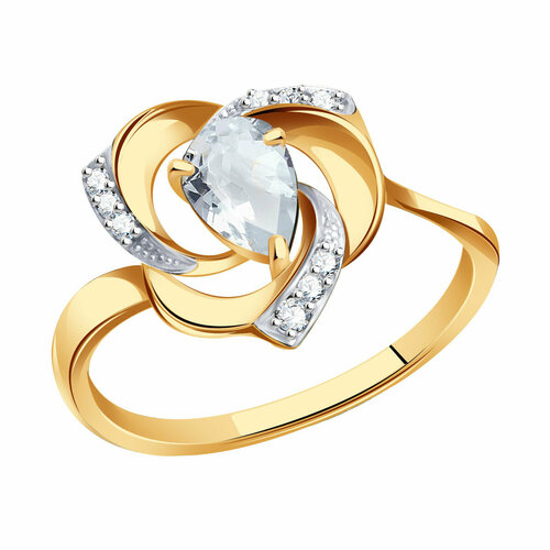 фото Кольцо diamant online, золото, 585 проба, горный хрусталь, фианит, размер 17.5, прозрачный