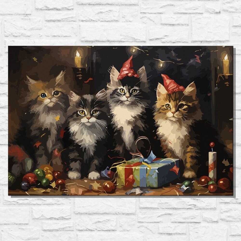 Картина по номерам на холсте новый год (котята, вечеринка, праздник, животные) - 12685 Г 60x40