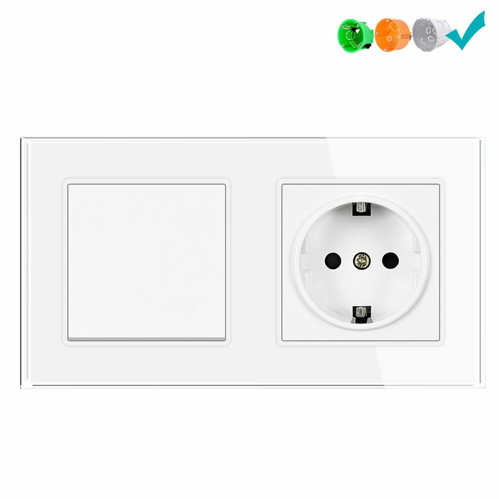 фото Двойная розетка с выключателем 1-клавишный, рамка стекло, цвет чёрный.