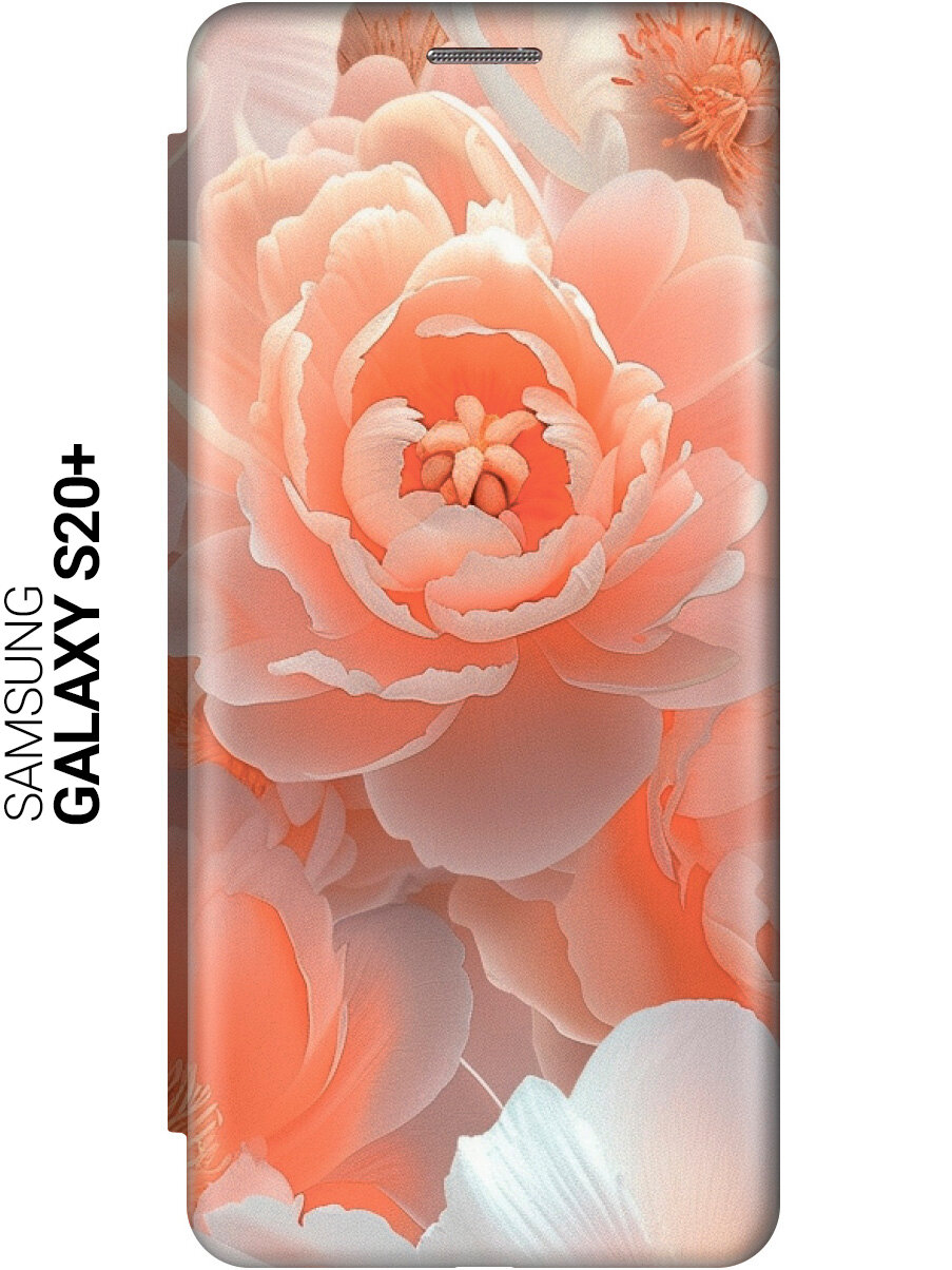 Чехол-книжка на Samsung Galaxy S20+ с принтом "Персиковые пионы" золотой