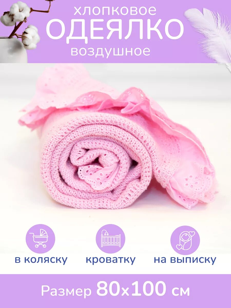 Плед для новорожденного 80х110, вязаный детский хлопок, розовый