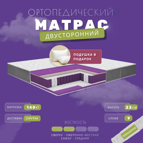 Матрас VitaSoon Medium M Ck 180х190 см, ППУ, ортопедический, пружинный, двуспальный, с кокосом, двустороний, в скрутке