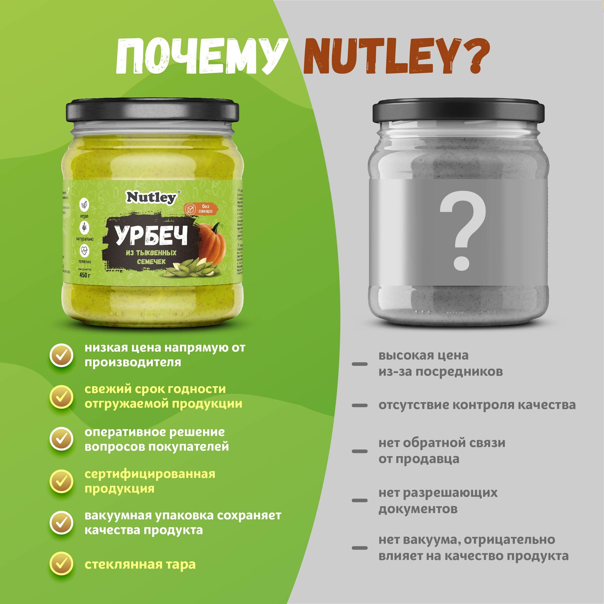 Урбеч из тыквенных семян Nutley, 450 гр, стеклянная банка — фото 1