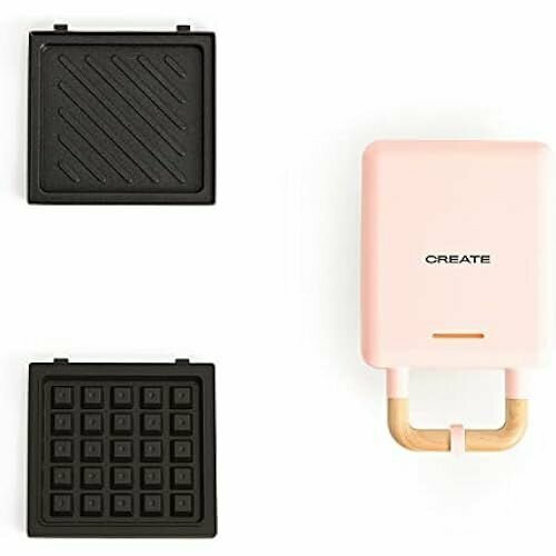 Сэндвичница и вафельница CREATE STONE STUDIO в пастельно-розовом цвете 2 сменные пластины с антипригарным покрытием 600 Вт без бисфенола А 1 диск открытие на 105 ненагревающаяся ручка стиль ретро 1777200₽