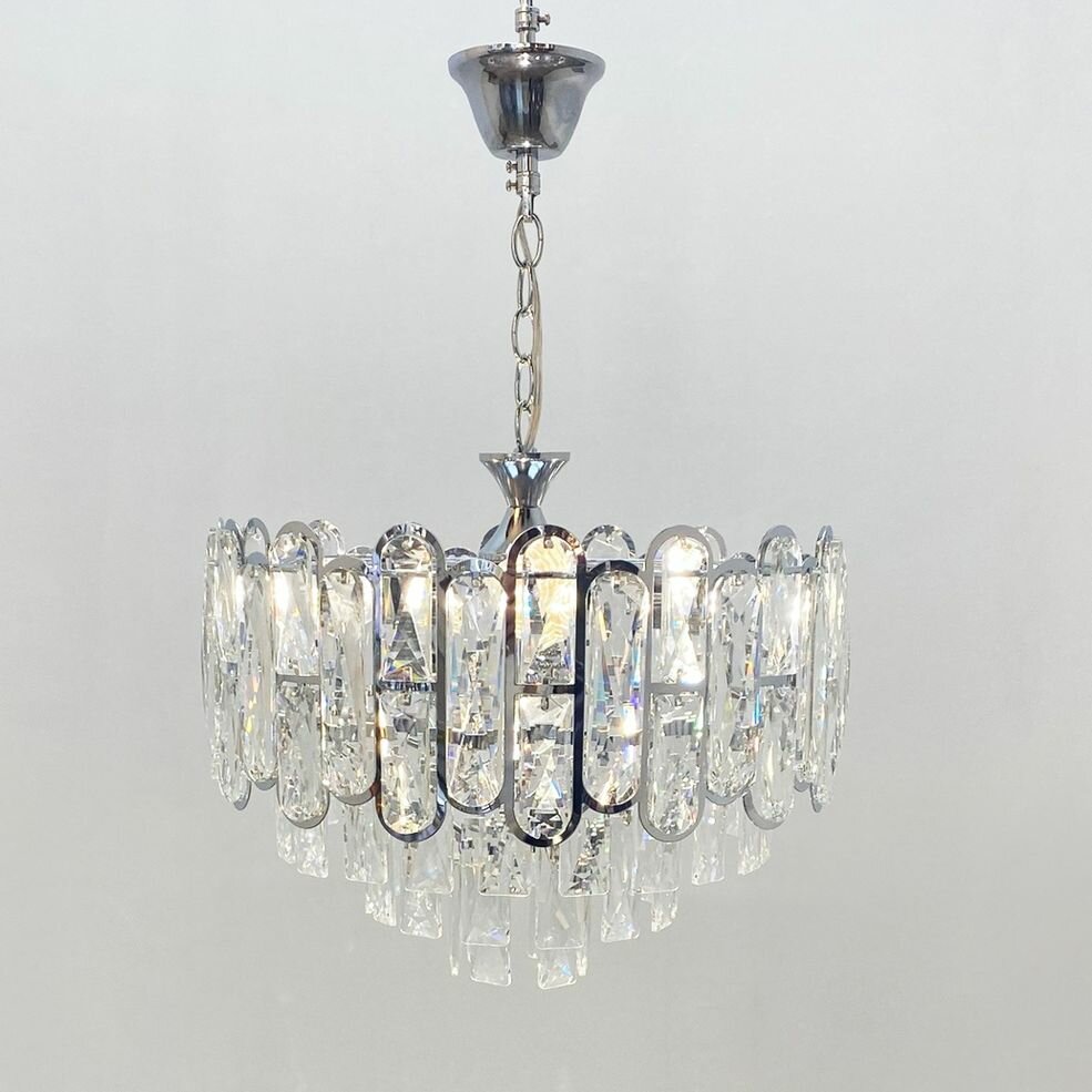 фото Люстра подвесная регулируемая в классическом стиле в цвете хром хрустальная Свет Столицы, комнатное освещение до 18-20 кв. м, люстра с сменными лампочками, цоколь E27
