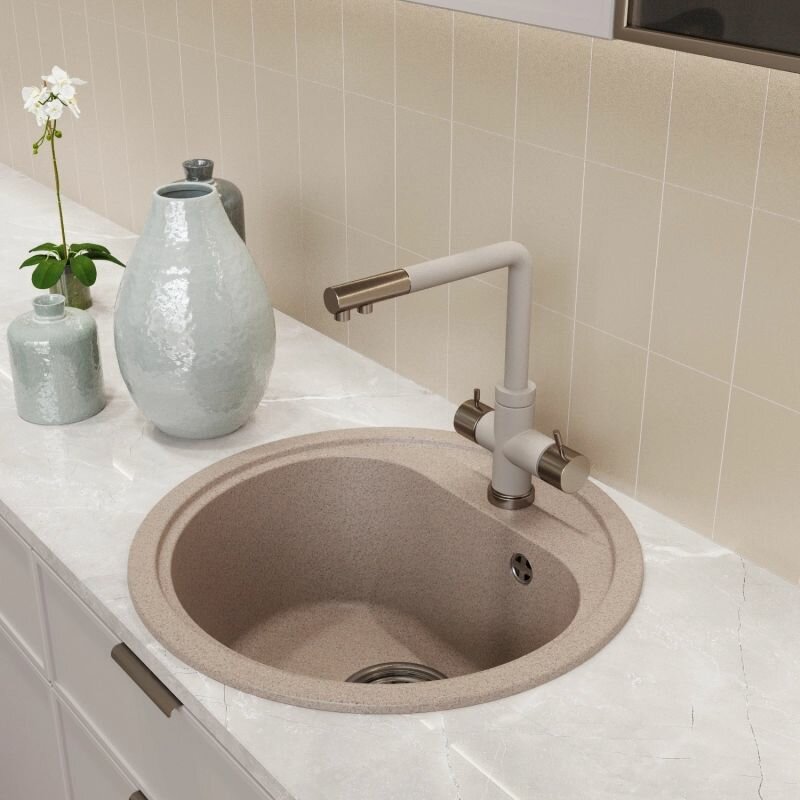 Мойка для кухни из искусственного мрамора круглая MIXLINE ML-GM 10 с сифоном, песочная