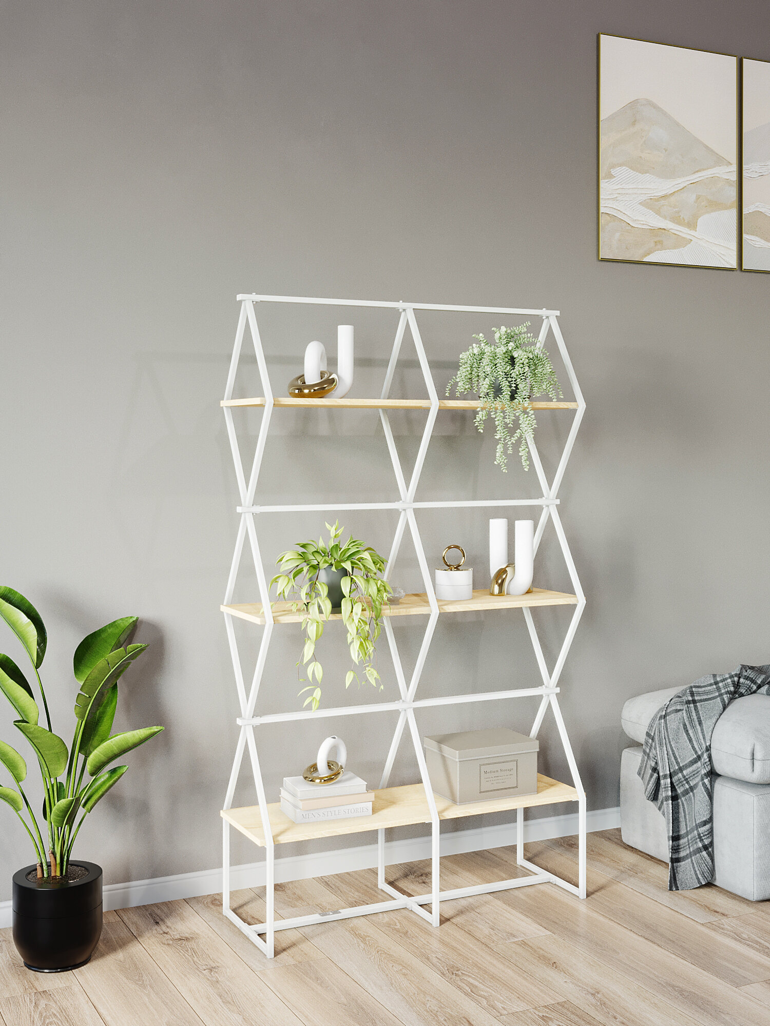 Стеллаж для рассады KM LOFT Ромбо стL белый/дуб сонома лофт для дома в гостинную перегородка — фото 1
