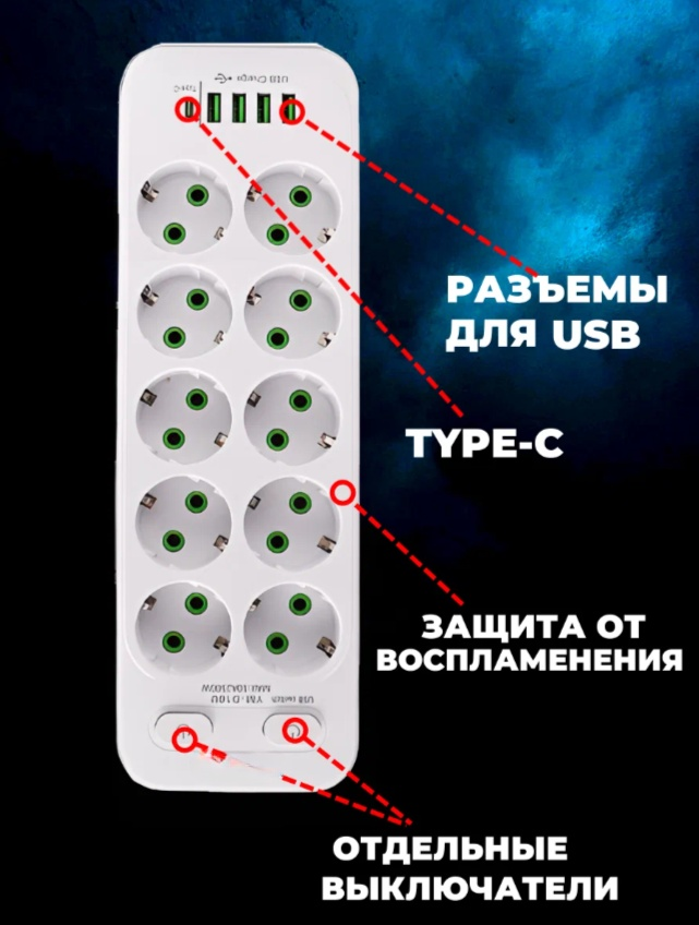 Удлинитель 10 розеток 4 usb 1 type-c 2 м — фото 1