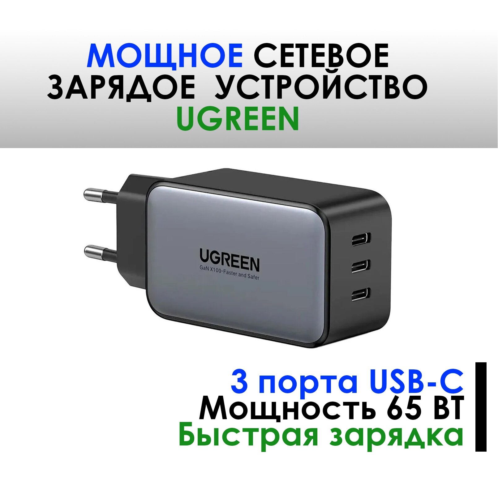 Сетевое зарядное устройство UGREEN 3 USB-C 65W GAN, темно-серый