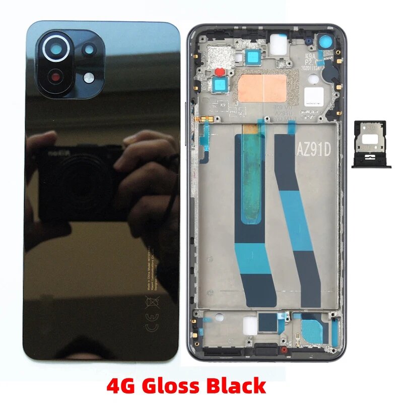 Моноблоки Xiaomi Для Xiaomi 11 Lite, Mi11 Lite 5G NE задняя крышка + передняя рамка ЖК-дисплея + кнопка регулировки громкости + стеклянный объектив камеры + запчасти для Sim-карты, Matte Black 5G