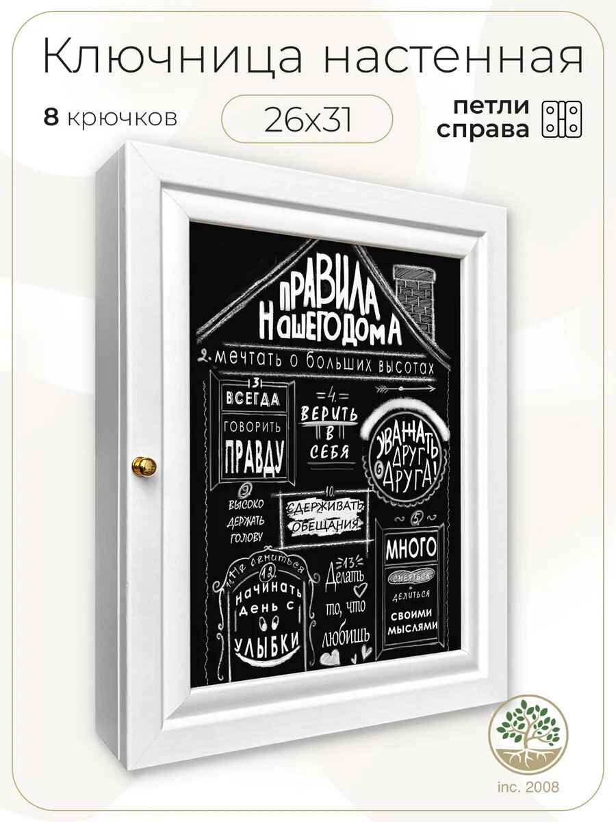 Ключница настенная Topposters "Правило нашего дома", с дверцей, белая, (петля справа)