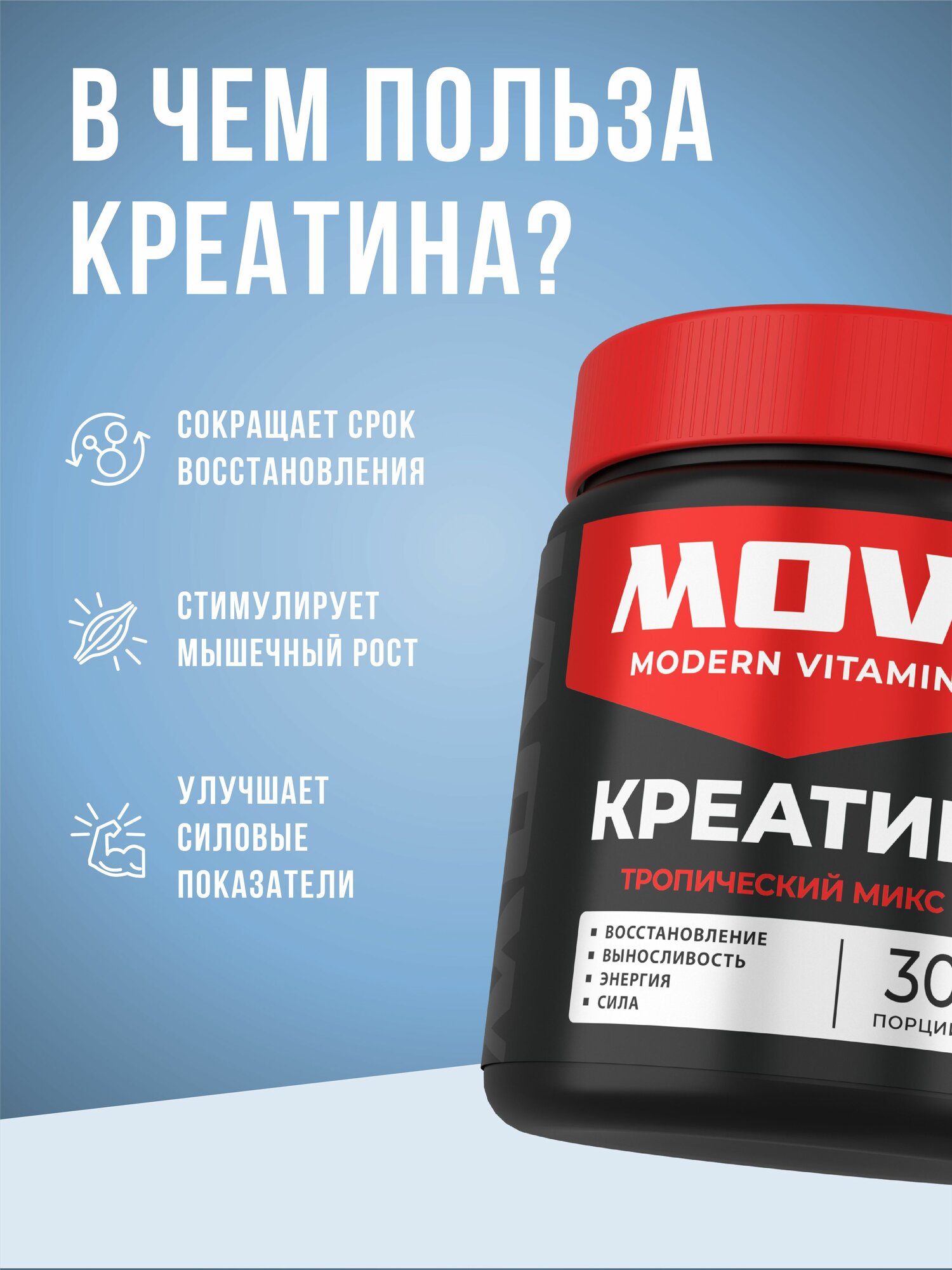 Креатин моногидрат порошок, Вкус Тропик Микс, 30 порций, 200 г, спортивное питание без сахара для набора массы тела — фото 1
