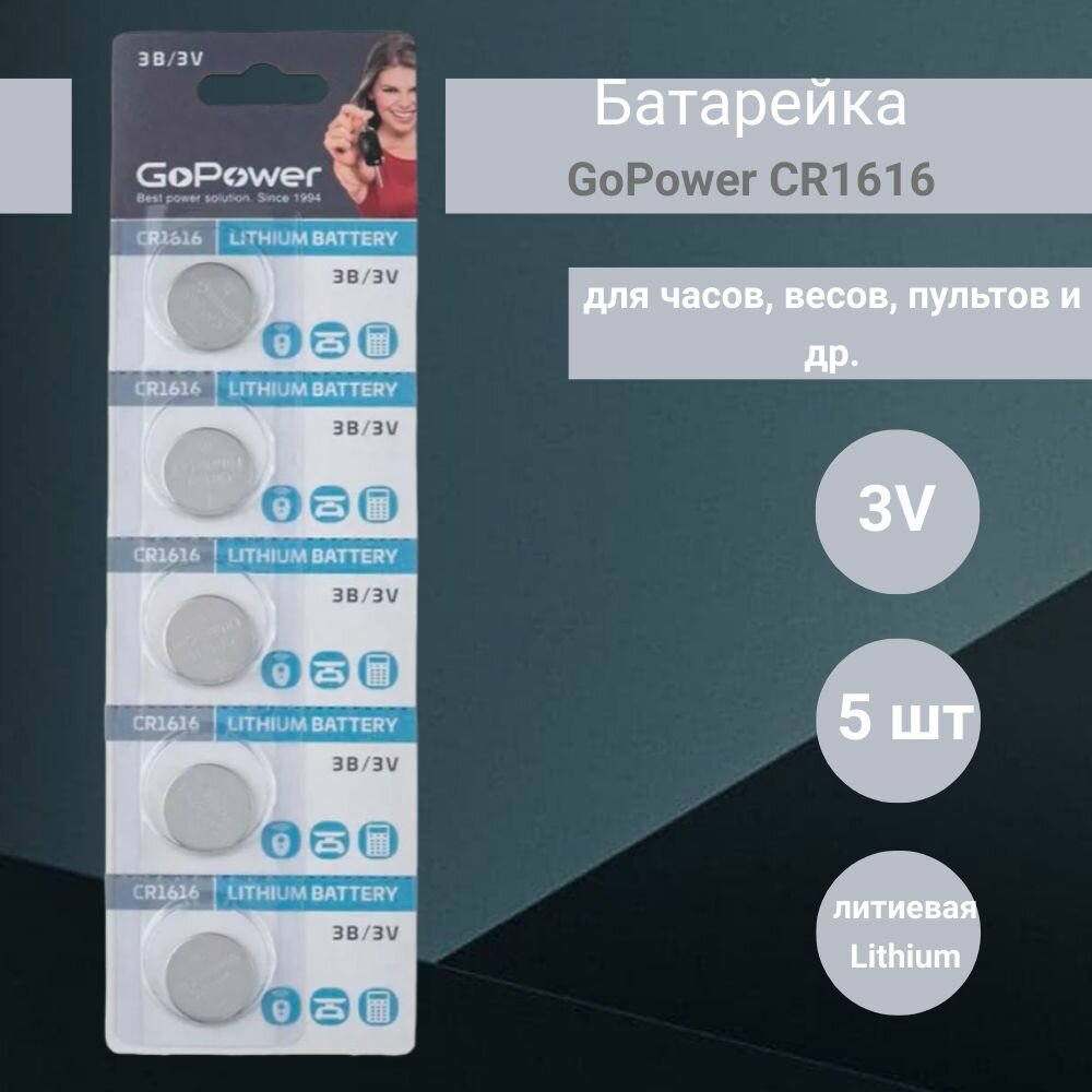 Батарейка GoPower CR1616 Lithium 3V (5 шт)