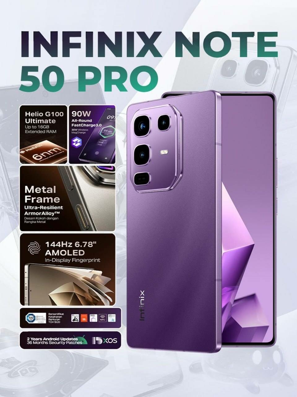 Смартфон Infinix Note 50 Pro, 12+12/256Гб, AMOLED 144Гц, 5200mAч 90W, беспроводная зарядка Тёмно-розовый