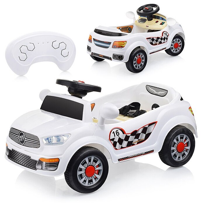 Детский электромобиль с пультом, свет фар, проигрывает музыкальные мелодии, сигнал клаксона, USB-разъём, AUX. ROCKET,1 мотор 20 ВТ, белый ROCKET