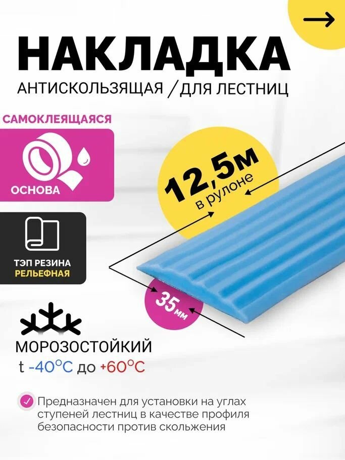 Самоклеящаяся, Противоскользящая резиновая тактильная полоса против скольжения 35мм х 5мм, длина 12.5м