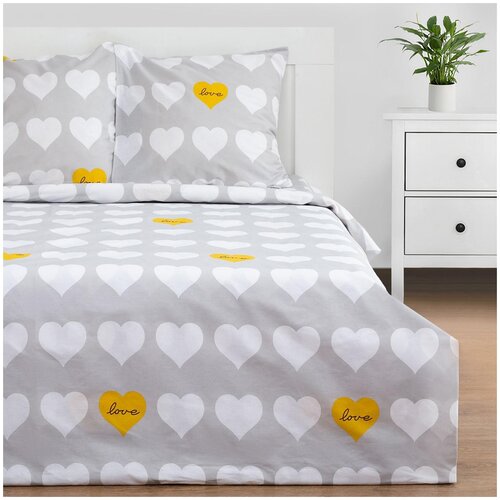 Комплект постельного белья Этель Heart, 1.5-спальное, бязь, белый/серый