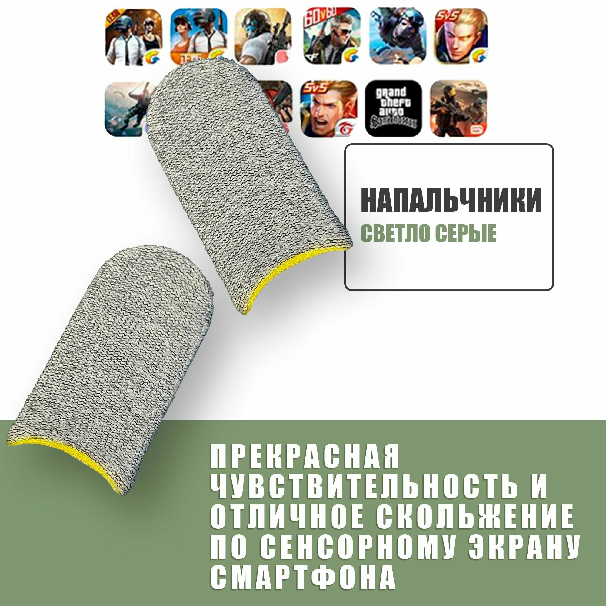 Сенсорные напальчники PUBG / Напальчники игровые для смартфона, телефона и планшета / 2 шт./ Светло серые с желтым