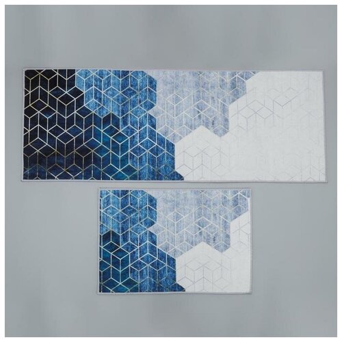 фото Набор ковриков для ванны и туалета 2 шт 45х120, 40х60 см "галелео" цвет синий 6847635 доляна