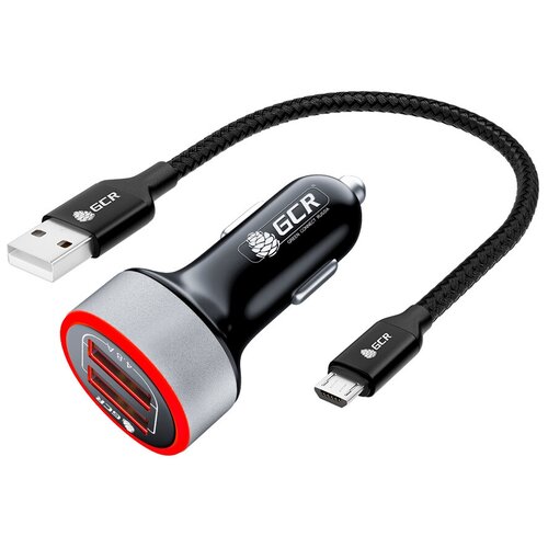 GCR Комплект автомобильное зарядное устройство на 2 USB порта 4.8A, черный, LED индикация + кабель 0.5m MicroUSB черный азу 5v 2000ma microusb 12v 24v шнур 3 3м авторегистратор навигатор прямой