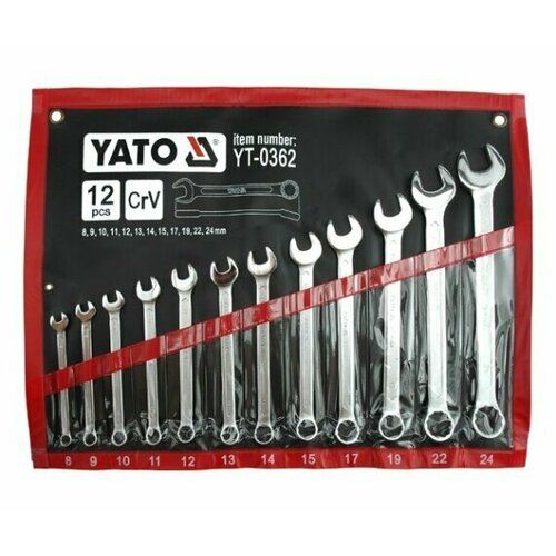 Набор комбинированных ключей, полированная головка 8-24 мм YATO YT-0362, 12 шт. набор ключей комбинированных 15 пр 6 8 10 15 17 19 22 24 27 мм на полотне yt0065 toya yato yt 0065