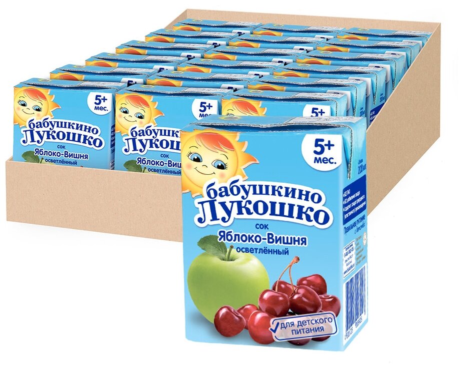 Сок осветленный Бабушкино Лукошко Яблоко-вишня (Tetra Pak), с 5 месяцев, 0.2 л, 18 шт. в уп. - фотография № 3