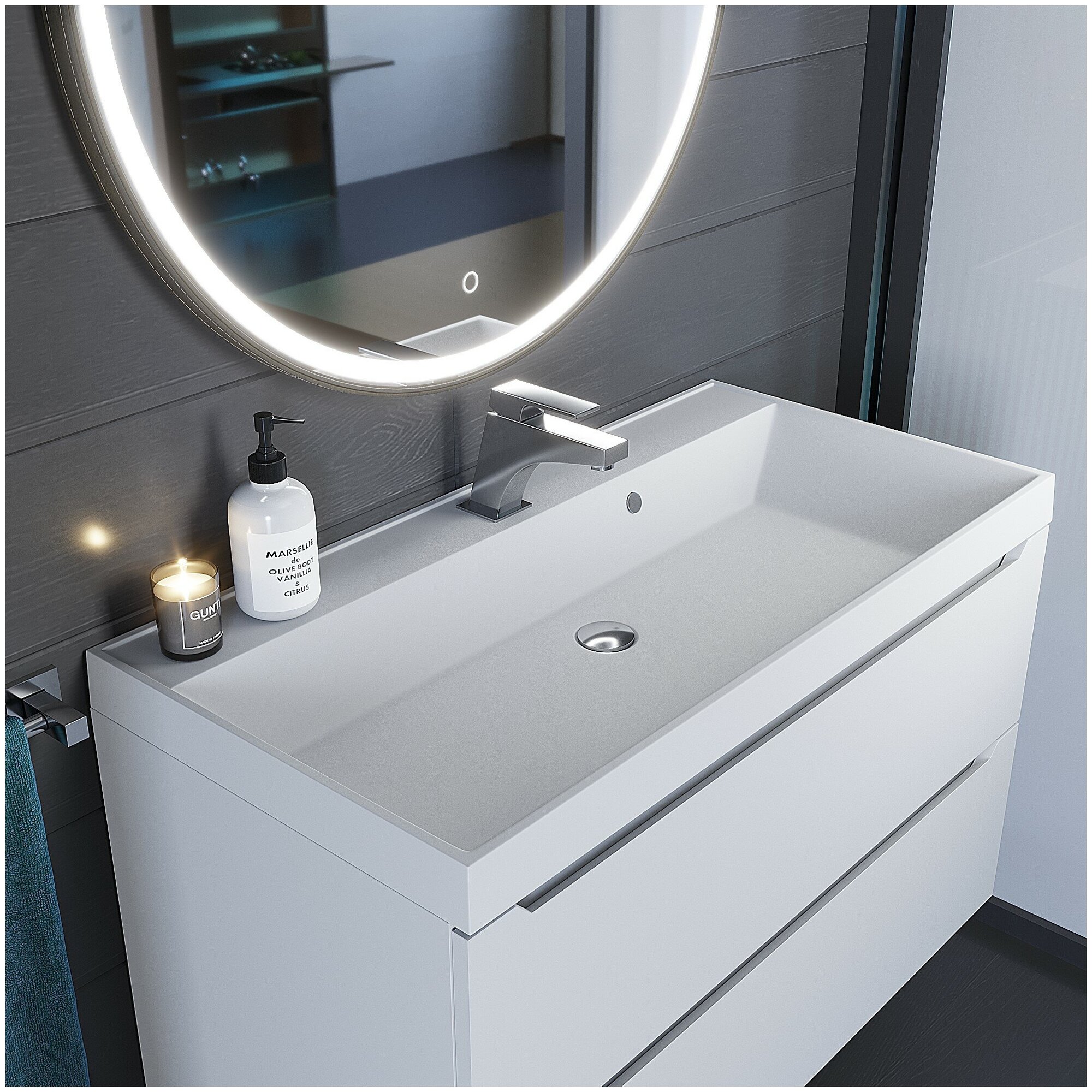 Раковина кварцевая для ванной комнаты Uperwood Classic Quartz 90 см, белая матовая, жасмин