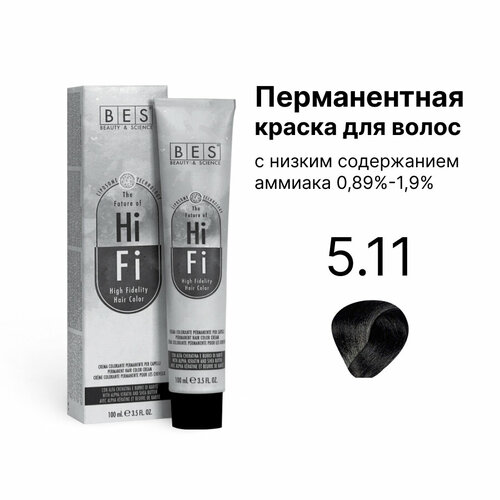 Купить BES Перманентная крем-краска для волос HI-FI, 5.11 светло-коричневый пепельный интенсивный, 100 мл