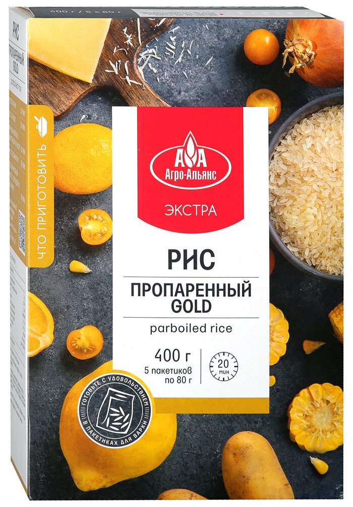 Рис пропаренный GOLD "Агро-Альянс Экстра" в пакетиках для варки 400г (5*80г) - фотография № 1