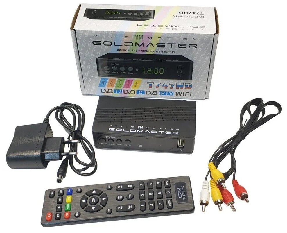 Цифровой ТВ ресивер GoldMaster T-747HD (DVB-T2(антенна), DVB-C(кабельное)/IPTV/YouTube), металлический корпус, дисплей, 2хUSB, поддержка WiFi адаптера