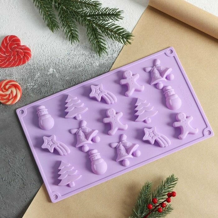 Форма для украшений Доляна Ёлочки   иголочки   силикон  30 17 3 1 3 см  15 ячеек  цвет сиреневый