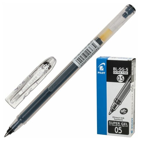 Ручка гелевая PILOT "Super Gel", черная, корпус прозрачный, узел 0,5 мм, линия письма 0,3 мм, BL-SG-5 (цена за 12 шт)