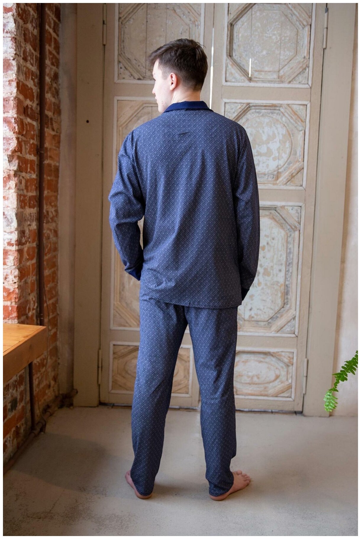 Мужская пижама Алишер Синий размер 52 Кулирка Лика Дресс рубашка на пуговицах и прямые свободные брюки на поясной резинке - фотография № 5