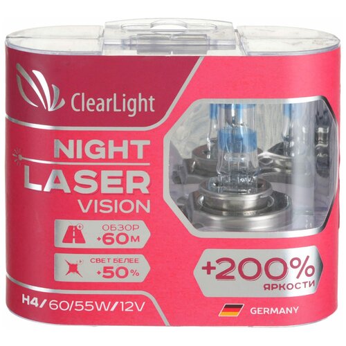 фото Лампа галогеновая clearlight night laser vision лампа h4 12v 60/55w p43t-38 2 шт.