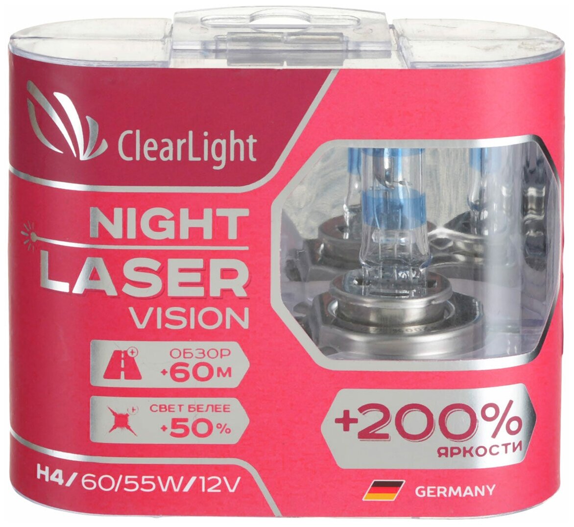 Лампа автомобильная галогенная ClearLight Night Laser Vision+200% H4 12V 60/55W P43t