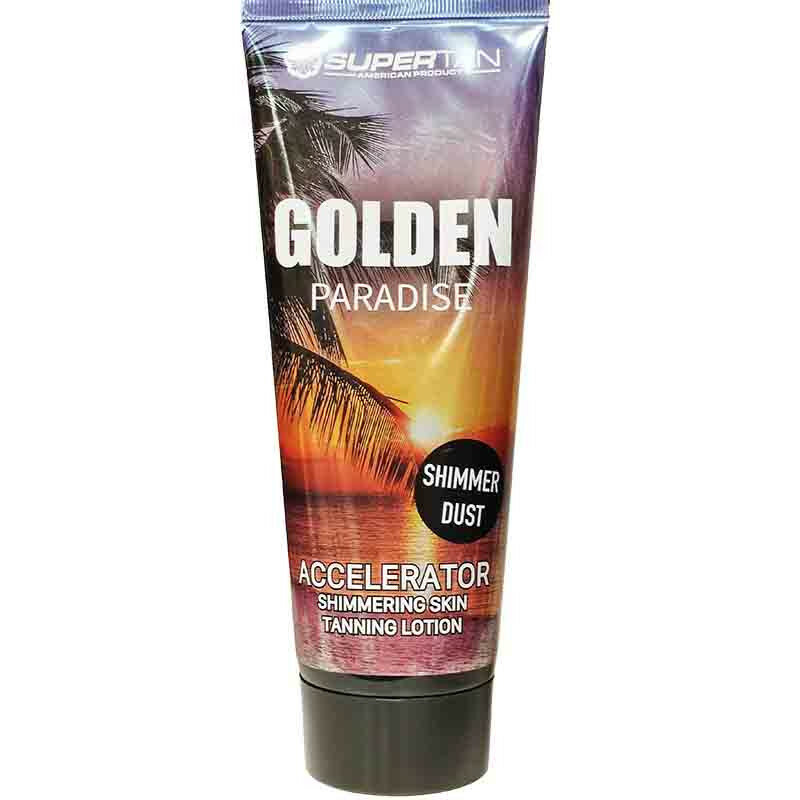 Мерцающий ускоритель загара SuperTan Golden Paradise для загара в солярии и на солнце, 200 ml.