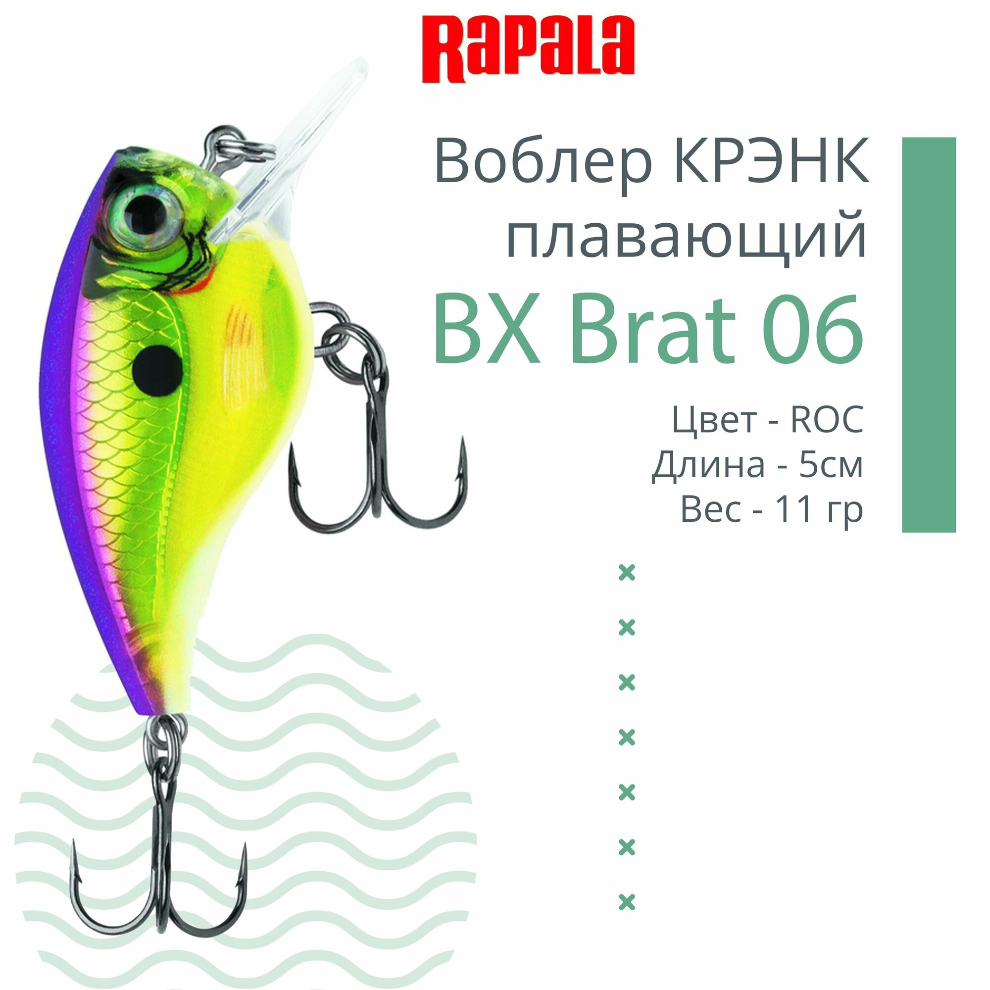 Воблер для рыбалки RAPALA BX Brat 06, 5см, 11г, цвет ROC, плавающий
