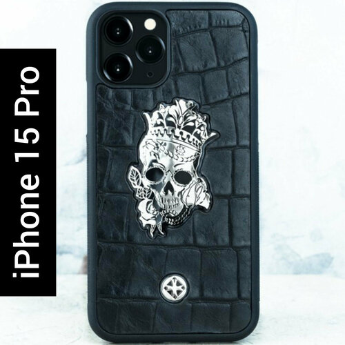 Чехол iPhone 15 Pro / Princess Calavera Black CROC - Euphoria HM Premium - череп, натуральная кожа чехол iphone 14 euphoria crocodile croc leather крокодил