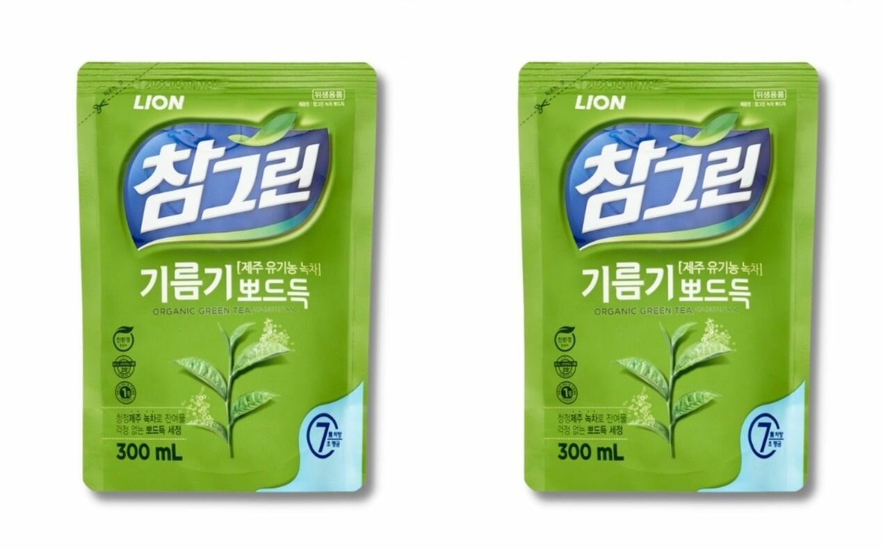 LION Средство для мытья посуды, овощей и фруктов Chamgreen Green Tea 300мл сменный блок - 2 штуки