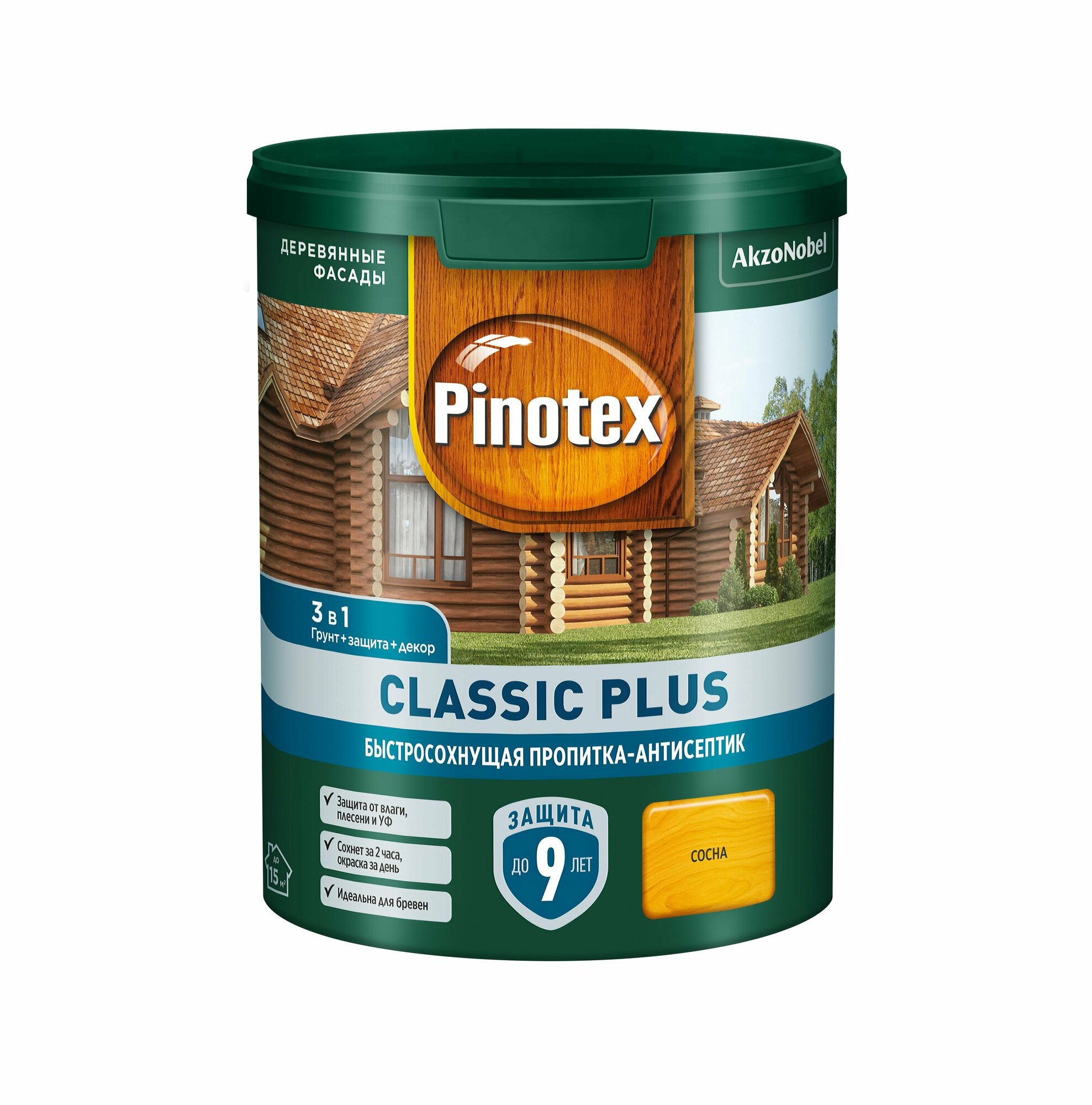 PINOTEX CLASSIC PLUS пропитка-антисептик быстросохнущая 3 в 1, сосна (0,9л)