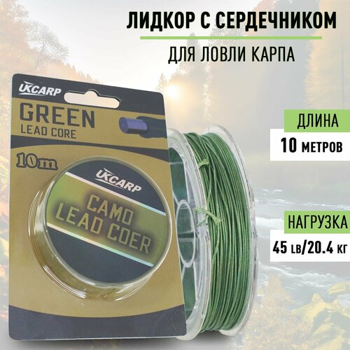 Лидкор с сердечником Lead Core 45lb (20,4кг) длина 10 м/ Ледкор рыболовный поводковый для ловли карпа цвет: болотный лидкор без сердечника leadcore 45lb 20 4кг длина 20 м цвет зелёный камуфляж camo green для ловли карпа ледкор карповый поводок рыболовный