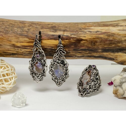 Серьги с подвесками СИЛА ПРИРОДЫ, серебро, 925 проба, раухтопаз, опал, иолит, аметист, бриллиант, серебряный