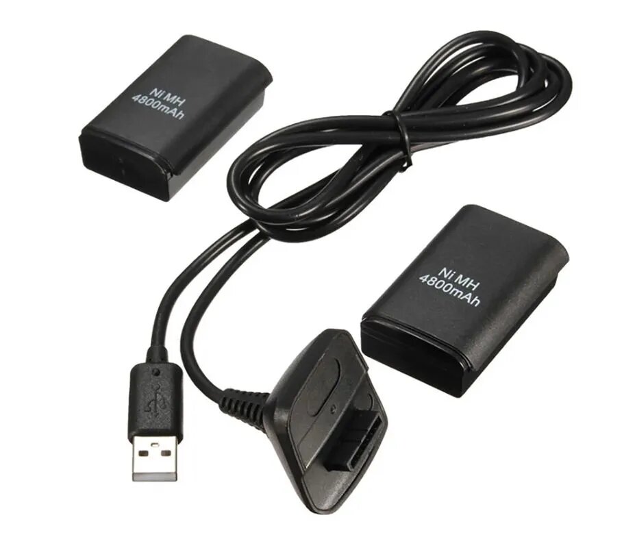 Комплект 3-в-1: аккумуляторы для беспроводного геймпада Xbox 360 (4800 mAh, 2 шт.) и USB-кабель, белый — фото 1