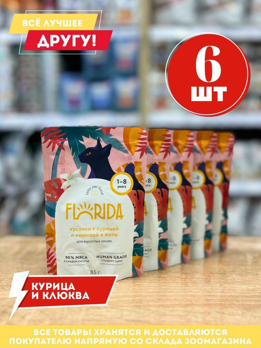 Влажный корм Флорида для кошек кусочки с курицей и клюквой 6 шт