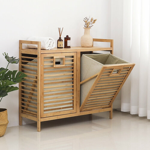 Стеллаж для ванной с корзинами для белья Bambuchka из бамбука, Этажерка для ванной, размер 80х30х72 см