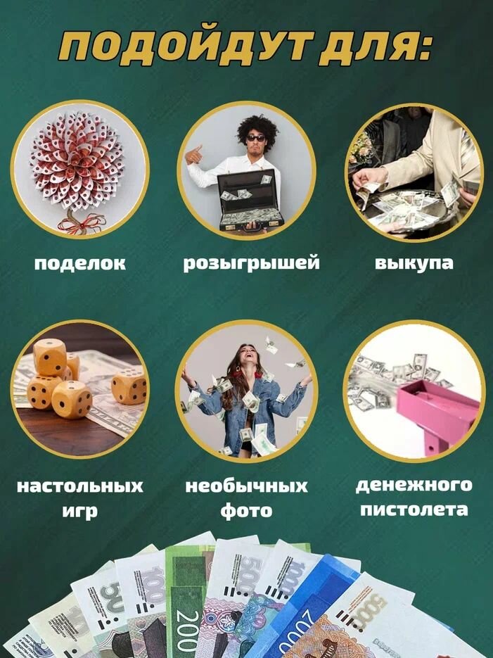 Деньги фальшивые, фейковые, игрушечные, набор из 9 пачек сувенирных купюр российских рублей для игры, свадеб, выкупов — фото 1
